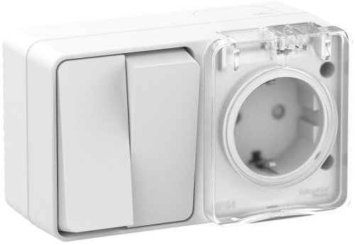 Блок накладной Systeme Electric AtlasDesign Profi54 розетка 1-м.+выключатель 2-кл. IP54 белый картинка